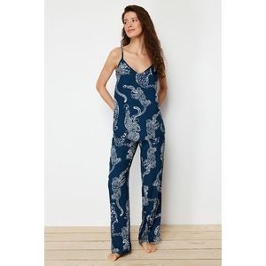 Trendyol Blue Animal Patterned Rope Strap Viscose Woven Pajama Set obraz