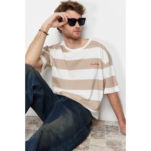 Trendyol Brown Oversize Text Embroidered Striped 100% Cotton T-Shirt obraz