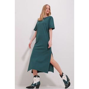 Trend Alaçatı Stili Women's Green Crew Neck Double Sleeve Slit Dress obraz