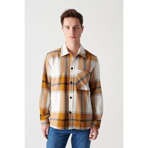 Avva Men's Mustard Check Classic Collar Overshirt with Pockets and Snap Fastener Coat obraz