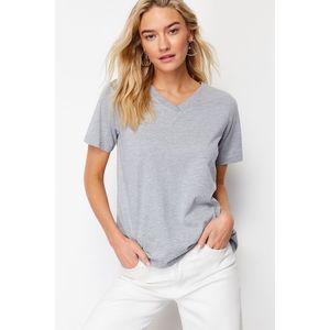 Trendyol Gray Melange 100% Cotton Basic V Neck Knitted T-Shirt obraz