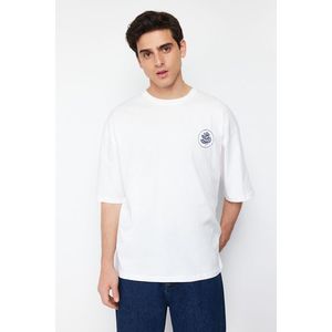 Trendyol Ecru Oversize Embroidered 100% Cotton T-Shirt obraz