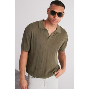 Trendyol khaki volné limitovaná edice pletené tričko s krátkým rukávem a límečkem obraz