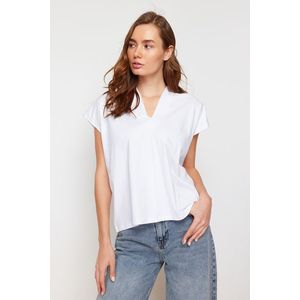Trendyol White 100% Cotton V Neck Moon Sleeve Knitted T-Shirt obraz
