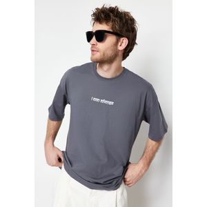 Trendyol Anthracite Oversize Text Printed 100% Cotton T-Shirt obraz
