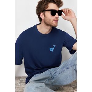 Trendyol Navy Blue Oversize Animal Embroidery Printed 100% Cotton T-Shirt obraz