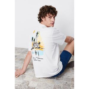 Trendyol Ecru Relaxed/Casual-Fit Landscape Printed 100% Cotton Short Sleeve T-Shirt obraz