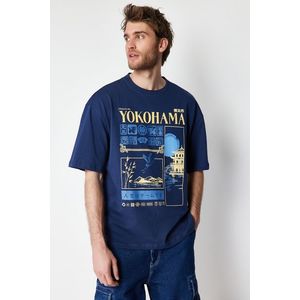 Trendyol Navy Blue Oversize Far Eastern Printed 100% Cotton T-Shirt obraz