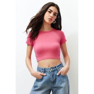 Trendyol Premium Pink Viscose/Soft Fabric Crop Crew Neck Stretch Knitted Blouse obraz