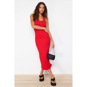 Trendyol Red Fitted Square Collar Ribbed Flexible Knitted Maxi Pencil Dress obraz