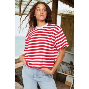 Trendyol červené pruhované 100% bavlněné asymetrické volné/relaxované pletené tričko obraz