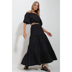 Trend Alaçatı Stili Women's Black Madonna Collar Crop Blouse Gathered Inner Lined Skirt Poplin Suit obraz