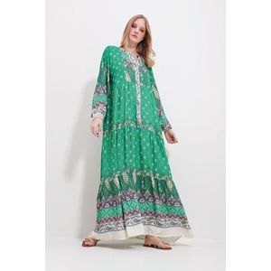Šaty Trend Alaçatı Stili pro ženy, zelené, s velkým límcem a vzorem šály, maxi délka obraz