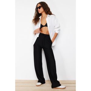 Trendyol Black Thick Striped Straight/Straight Cut Stretchy Trousers obraz
