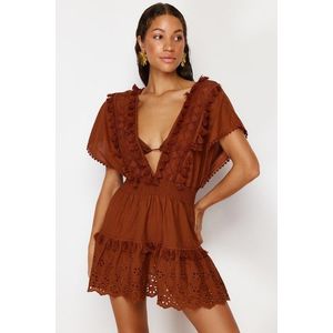 Trendyol Brown Mini Woven Embroidery Detailed 100% Cotton Beach Dress obraz