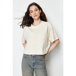 Trendyol Stone 100% Cotton Cut Detailed Relaxed Crop Knitted T-Shirt obraz