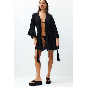Trendyol Black Belted Mini Woven Frilly Kimono & Kaftan obraz