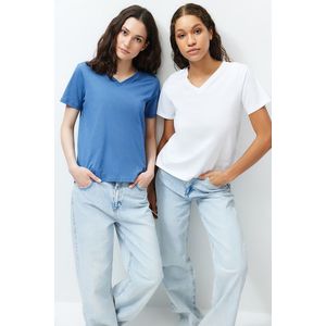 Trendyol White-Indigo 100% Cotton Pack of 2 Regular/Normal Pattern Basic V-Neck Knitted T-Shirt obraz