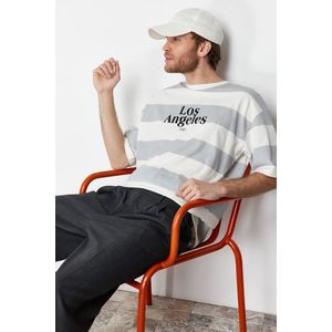 Trendyol Gray Oversize Striped City Printed 100% Cotton T-Shirt obraz