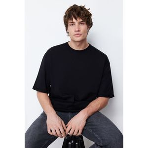Trendyol Basic Black Oversize/Wide Cut 100% Cotton Stitched Double Sleeve T-Shirt obraz