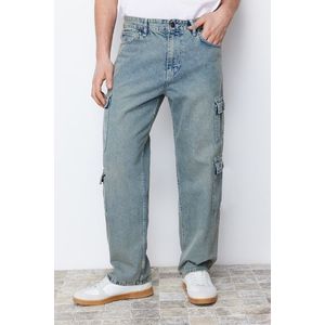 Trendyol Blue Worn Look Cargo Pocket Wide Cut Jeans Loose Denim Trousers obraz