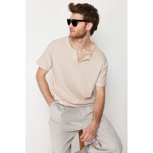 Trendyol Stone Regular/Regular Cut Textured Cropped Collar 100% Cotton T-Shirt obraz
