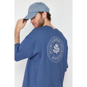 Trendyol Indigo Oversize Embroidered 100% Cotton T-Shirt obraz