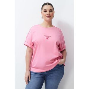 Trendyol Curve Pink Printed Oversize Knitted T-shirt obraz