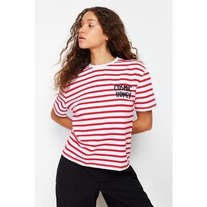 Trendyol Navy Blue Striped Slogan Embroidery Detail Relaxed Knitted T-Shirt obraz