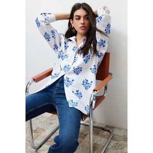 Trendyol Ecru Floral Print Oversize/Creature Woven Shirt obraz