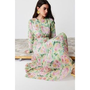 Světle zelené květované šaty s páskem, podšívkou a plisovaným šifonovým tkaním od značky Trendyol obraz