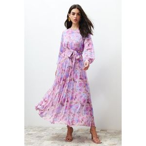 Trendyol Pink Floral Sash Detailed Lined Pleated Chiffon Woven Dress obraz