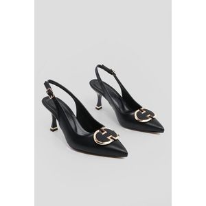Dámské boty Marjin s špičatou špičkou, tenkým podpatkem, otevřenou patou a klasickým stylem v černé barvě. obraz