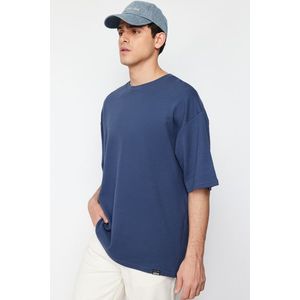 Trendyol Limited Edition Indigo Oversize 100% Cotton Labeled Textured Basic Thick T-Shirt obraz
