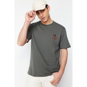 Trendyol Gray Relaxed/Casual Fit Horse/Animal Embroidered Short Sleeve 100% Cotton T-Shirt obraz