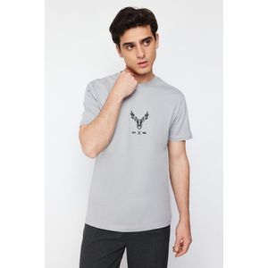 Trendyol Gray Regular/Regular Cut Deer Embroidered 100% Cotton T-Shirt obraz
