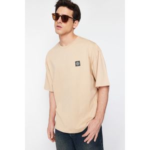 Trendyol Beige Oversize Compass Label 100% Cotton T-Shirt obraz