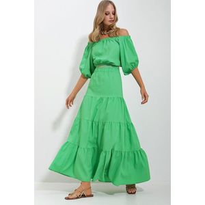 Trend Alaçatı Stili Women's Green Madonna Collar Crop Blouse Gathered Inner Lined Skirt Poplin Suit obraz