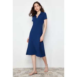 Trendyol Navy Blue Polo Neck Skater/Waist Opening Cotton Stretchy Knitted Midi Dress obraz