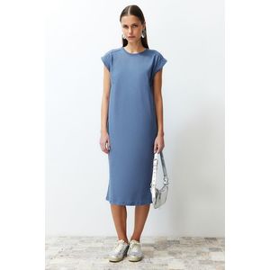 Trendyol Indigo Plain T-shirt Dress 100% Cotton Moon Sleeve Shift/Relaxed Cut Midi Midi Dress obraz