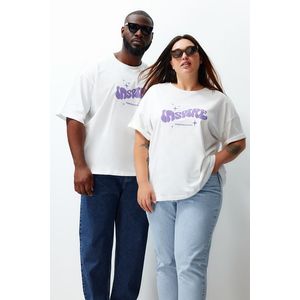 Trendyol Plus Size Ecru Unisex Oversize Comfy 100% Cotton Printed Couple T-Shirt obraz