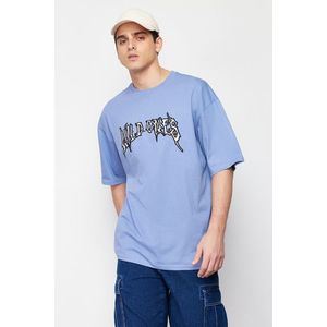 Trendyol Blue Oversize Special Embroidered 100% Cotton T-Shirt obraz