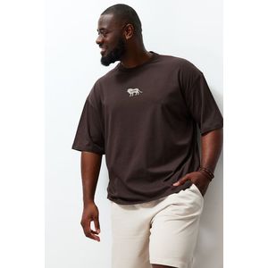Trendyol Plus Size Dark Brown Oversize Animal Print Embroidery 100% Cotton T-Shirt obraz