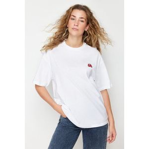 Trendyol White 100% Cotton Embroidered Oversize/Wide Fit Crew Neck Knitted T-Shirt obraz
