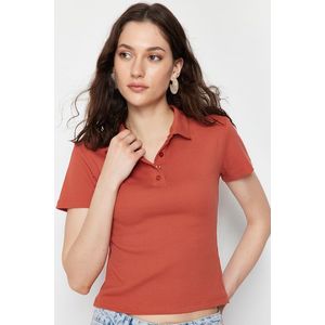 Trendyol Cinnamon Polo Collar Buttoned Short Sleeve Stretchy Ribbed Knitted Blouse obraz