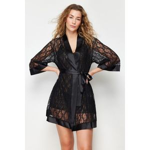 Trendyol Black Belted Satin Detailed Lace Knitted Dressing Gown obraz
