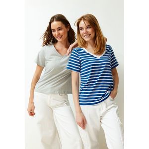 Trendyol Navy Blue-Grey Package 100% Cotton V-Neck Knitted T-Shirt obraz
