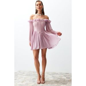 Trendyol Pale Pink Waist Opening/Skater Lined Flounce Chiffon Elegant Evening Dress obraz
