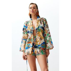 Trendyol sada šortek s tropickým vzorem, páskem a tkaným 100% bavlněným kimono obraz