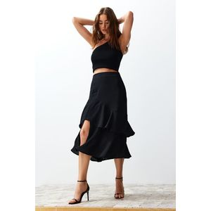 Trendyol Black Flounce Slit Detailed Midi Length Woven Skirt obraz